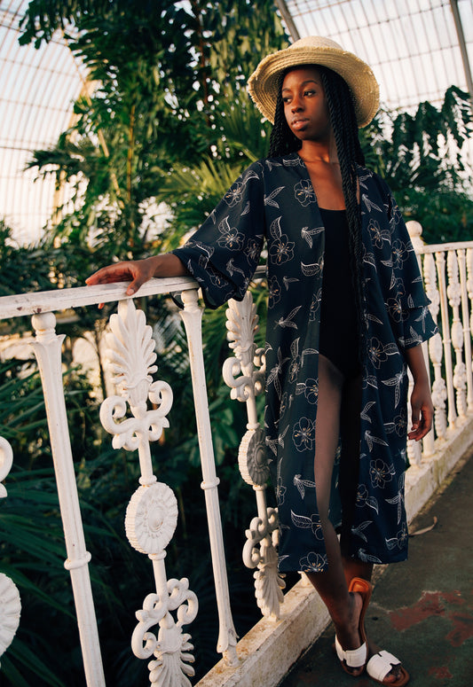 holiday midi floral kimono black